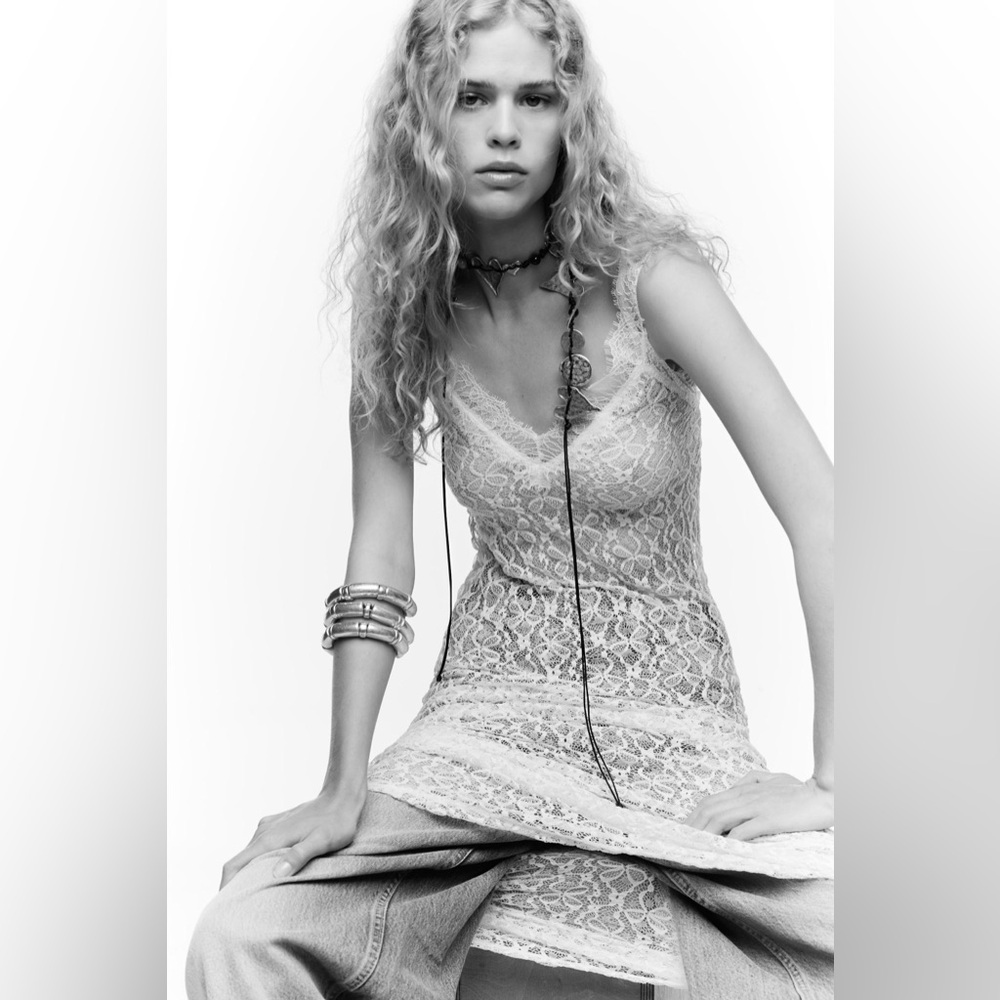 Zara Lace V-neck Semi-Sheer Midi Dress, Cream M NWT - Picture 2 of 16